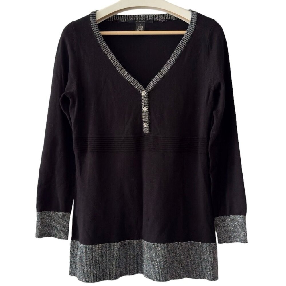 89TH & Madison Black‎ Metallic Silver Trim Rhinestone Button Tunic Sweater